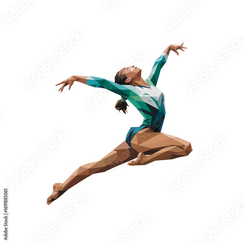 Gymnast performs a dynamic leap showcasing flexibility and strength during a competition in a well-lit arena