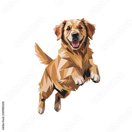 Golden retriever leaps joyfully in a playful moment captured in vibrant geometric style