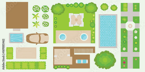 Top down view of a modern backyard layout with pool patio and garden elements