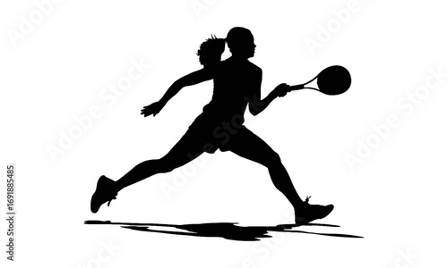 Silhouette of a female tennis player in action, mid-swing with a racket.