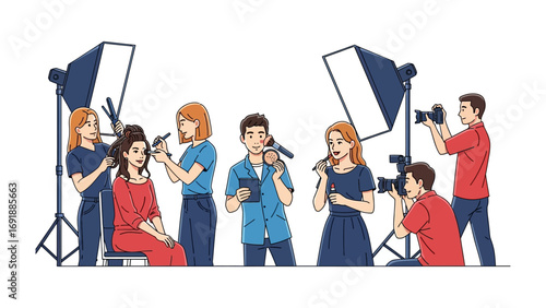 Diverse group of people working together in a professional photography studio setting with multiple cameras and lighting equipment