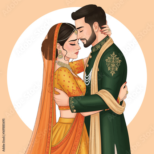 Romantic Indian Wedding Couple Embracing in Traditional Attire Illustration