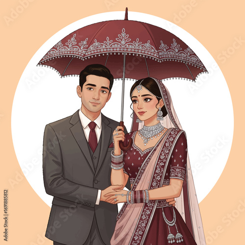 Elegant Indian Wedding Couple Standing Together Under a Decorative Umbrella Illustration