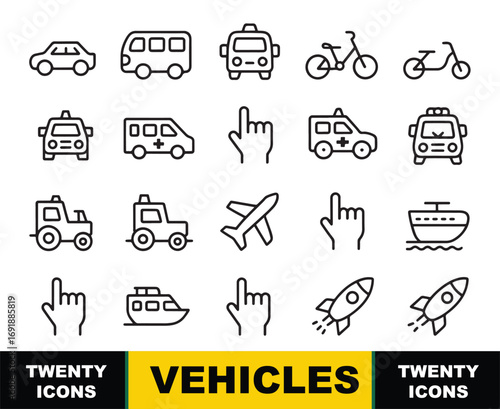 Collection of black outline icons representing various vehicles and transportation modes on a white background
