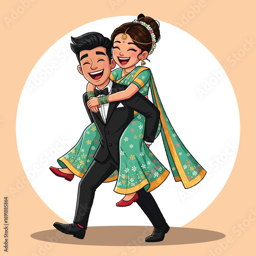 Happy Indian Couple in Wedding Attire Cartoon Illustration