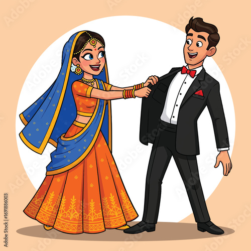 Cartoon Bride in Traditional Indian Dress with Groom in Suit Illustration