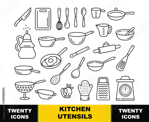 Collection of black outline kitchen utensil icons on white background cooking food