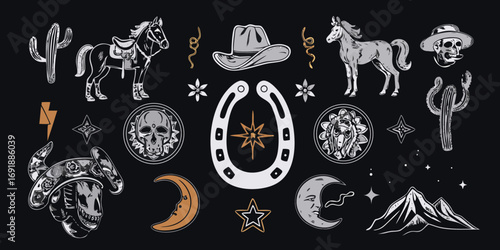 Wild west and western cowboy elements collection with horses skulls cacti and moon