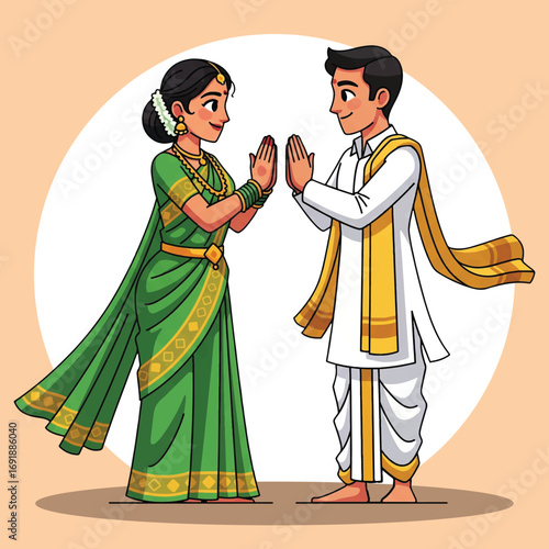 Cartoon Illustration of South Indian Bride and Groom in Traditional Wedding Attire