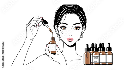 Elegant illustration of a woman applying serum from a dropper bottle to her face with a group of cosmetic bottles in the foreground