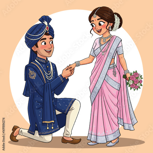 Indian Wedding Couple Illustration with Groom Proposing to Bride in Traditional Attire
