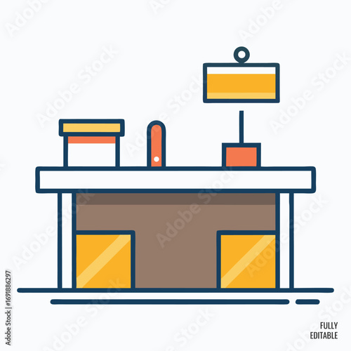Vector art of desk with boxes, a pen, and a lamp.
