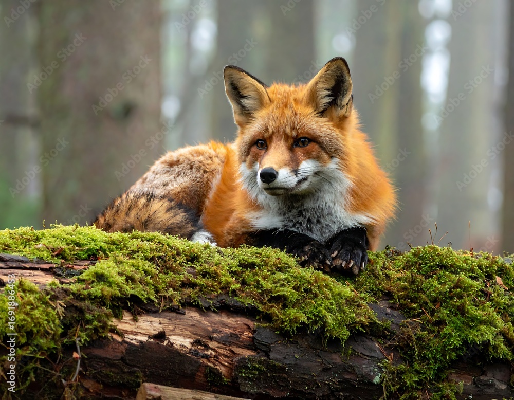 Fototapeta premium Fox Resting on Mossy Log