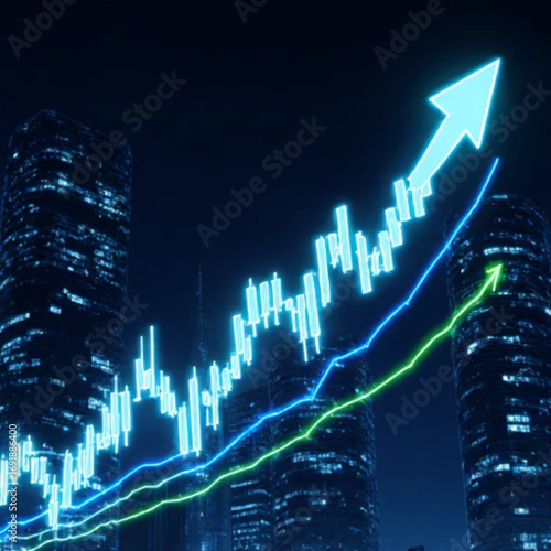 A futuristic digital illustration of the stock market with glowing candlestick charts, neon blue and green lines rising, modern skyscrapers in the background, symbolizing financial growth and investme