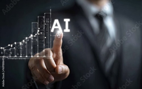 Businessman's finger touches a holographic AI graphic with rising charts and buildings