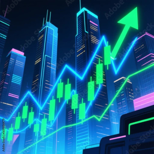 A futuristic digital illustration of the stock market with glowing candlestick charts, neon blue and green lines rising, modern skyscrapers in the background, symbolizing financial growth and investme