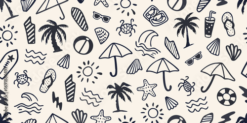 Hand drawn black and white summer beach vacation icons pattern on cream background
