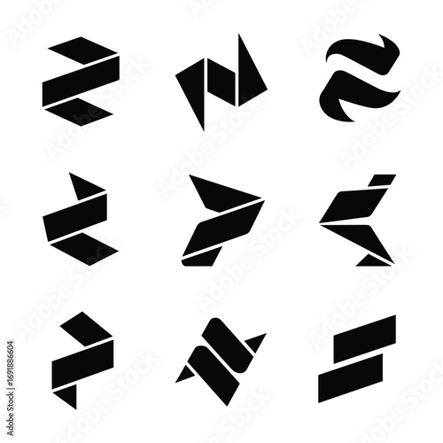 A set of nine abstract black geometric shapes and symbols on a white background vector. modern logo ideas