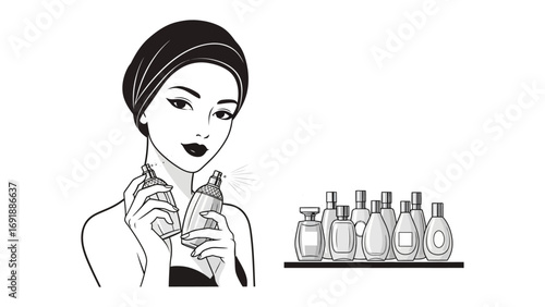 Stylish woman wearing a turban and holding perfume bottles with a collection of cosmetic products displayed on a shelf in a minimalist black and white illustration