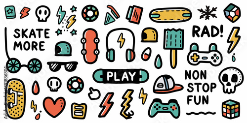 Collection of fun colorful hand drawn doodles representing skateboarding gaming and outdoor activities