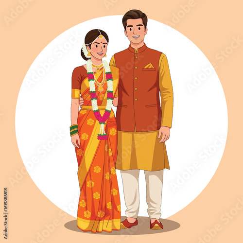 Traditional South Indian Wedding Couple Illustration in Saree and Sherwani with Floral Garland
