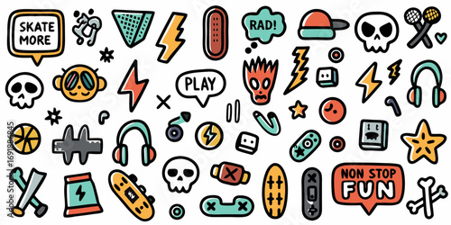 Collection of fun doodle icons representing skateboarding gaming music and a rebellious attitude