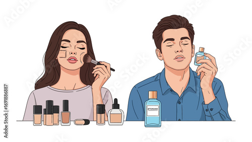Young woman applying makeup with a brush and diverse cosmetic products while a young man smells perfume from a bottle representing beauty and personal care routines