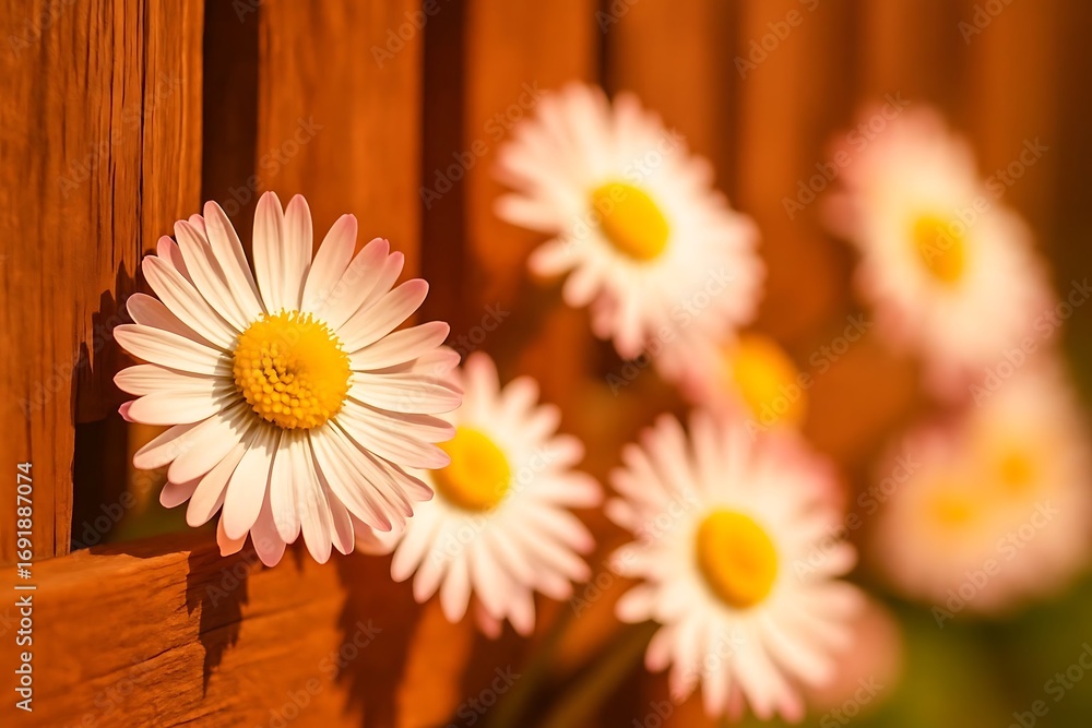 Obraz premium Daisies Blooming Over Weathered Wood Fence in Nature