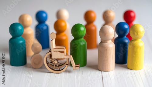 Diverse group of wooden figures, one in a wheelchair