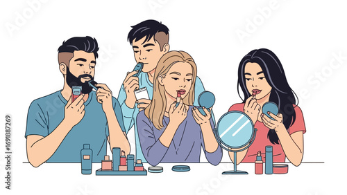 Diverse group of young adults applying makeup and grooming facial hair together in a fun and modern beauty routine setting