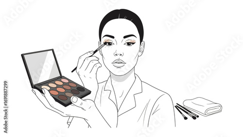 Close up line art illustration of a young woman applying eyeshadow with a brush from a makeup palette focused on beauty routine