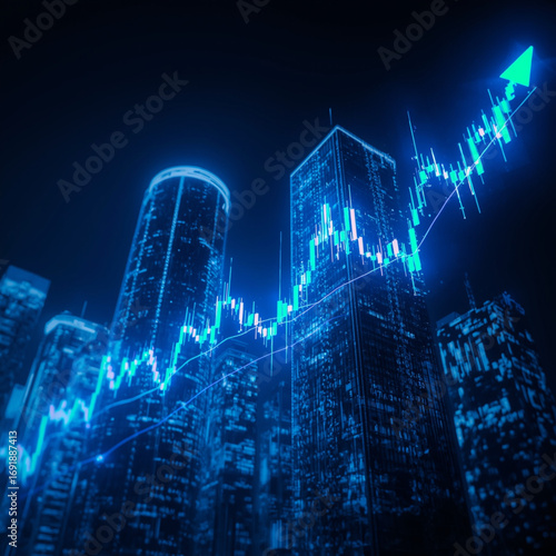 A futuristic digital illustration of the stock market with glowing candlestick charts, neon blue and green lines rising, modern skyscrapers in the background, symbolizing financial growth and investme