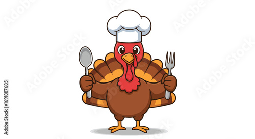 Cartoon Turkey Chef Ready for Thanksgiving Feast with Spoon and Fork.