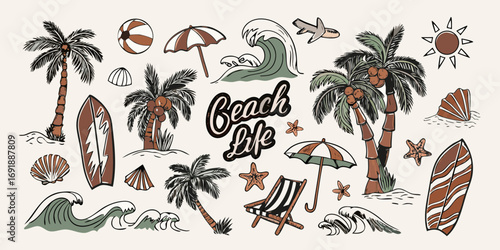 Collection of hand drawn beach life icons featuring palm trees surfboards waves and sun