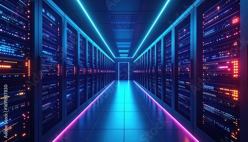 Futuristic Data Center with Neon Lights and Server Racks Perspective