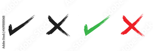 Check marks doodle set. hand drawn chalk checklist, checkbox, green tick and red cross signs in sketch style. charcoal pencil correct or incorrect symbols. crayon checkmarks, yes and no elements. 