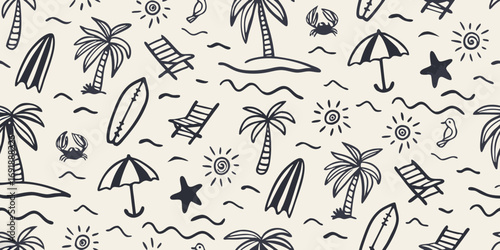 Hand drawn tropical beach vacation seamless pattern with palm trees surfboards and sun