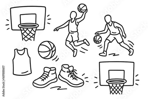 Basketball sports doodle icon set. Hand drawn outline sketch of a player, ball, hoop, and shoes. Vector illustration of dribble and dunk action. Isolated cartoon graphic elements.