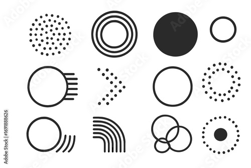 Set of abstract geometric shapes. Collection of minimalist circle design elements. Modern trendy vector icons for graphic design. Simple round forms, patterns, and symbols.