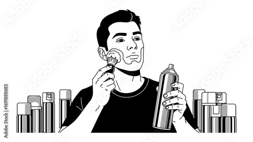 A man applying shaving cream to his face with a razor in hand surrounded by various grooming products in a stylized black and white illustration