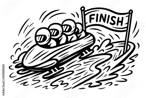 Bobsleigh team crossing the finish line. Vector illustration of a bobsled race. Winter sports competition concept. Doodle art for teamwork, speed, and victory. Hand-drawn.