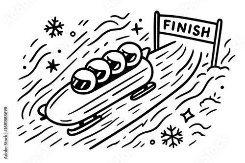 Bobsleigh team racing to the finish line. Winter sports competition concept. Fast bobsled on an ice track. Hand-drawn doodle art style vector illustration in black and white.