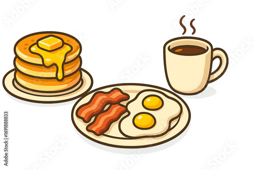 Classic American breakfast with pancakes, bacon, fried eggs, and hot coffee. Cartoon vector illustration for diner menu or morning meal concept. Food and drink design element.