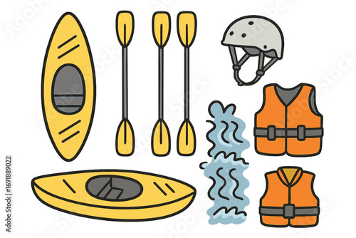 Kayaking essentials vector illustration set. Canoe and water sports equipment doodle. Safety gear including life jacket, helmet. River rafting adventure paddle clipart collection.
