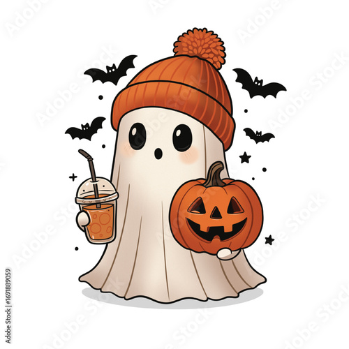 Cartoon Ghost with Pumpkin and Coffee Illustration