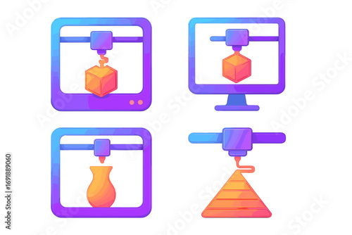 Colorful 3D printer icons set in gradient cartoon style. Vector illustration for modern technology, rapid prototyping, additive manufacturing, engineering and digital fabrication.