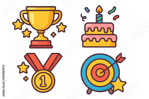 Achievement and rewards icon set. Winner trophy, first place medal, goal target, celebration cake. Cartoon vector for success, milestone, competition, gamification.