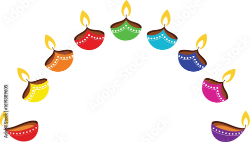 Colorful Diwali Diyas Arranged in an Arc on a White Background lamp oil lamp