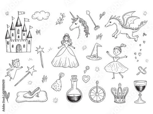 Hand drawn fairy tale elements castle unicorn dragon princess witch hat and crown vector