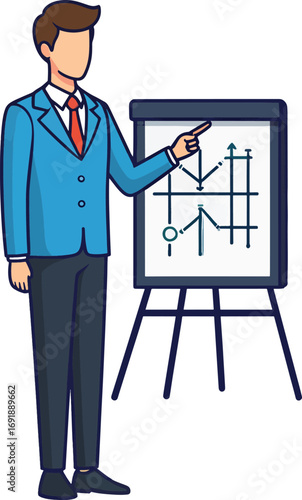 Businessman Presenting Financial Data on Flip Chart, Growth Strategy, Market Analysis, Investment Presentation, Economic Trends